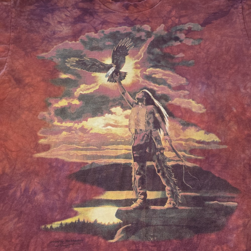 Vintage The Mountain 2XL Shirt Indian Chief Eagle Fire Red Tie Dye 1996 Tennant